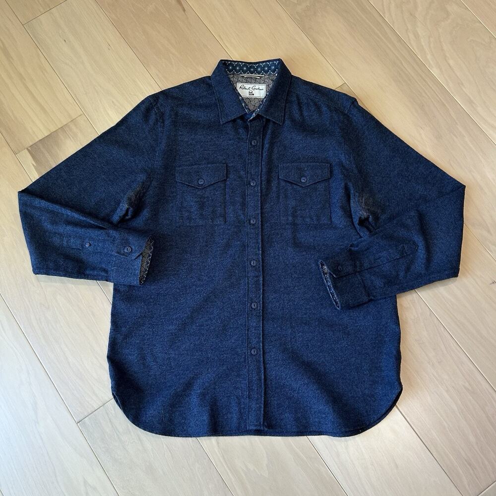Robert Graham Flannel Button Up Blue Shirt Long Sleeve Distressed Men’s XL